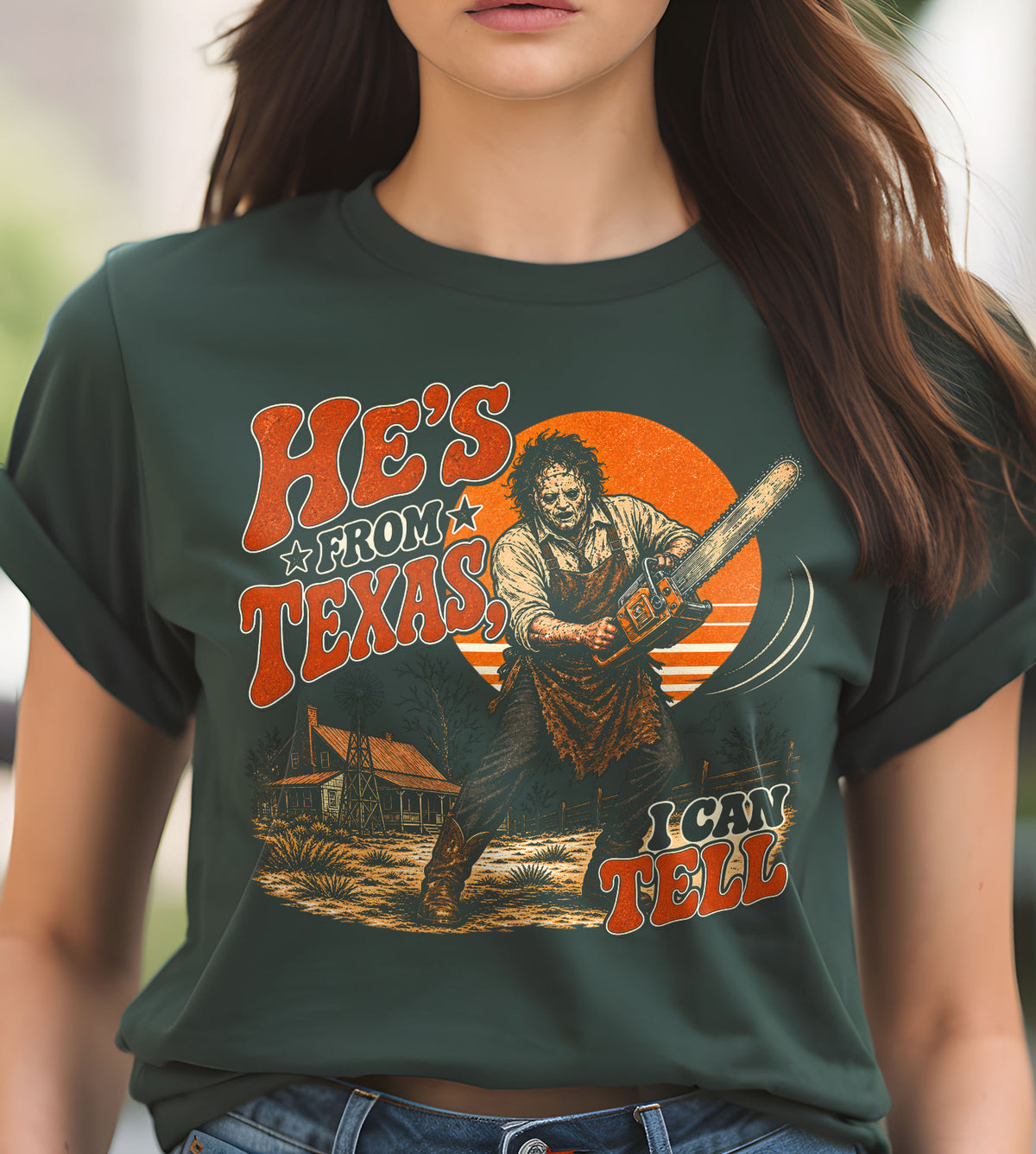 He's from Texas I can Tell Chainsaw Massacre Funny Halloween Graphic Tee