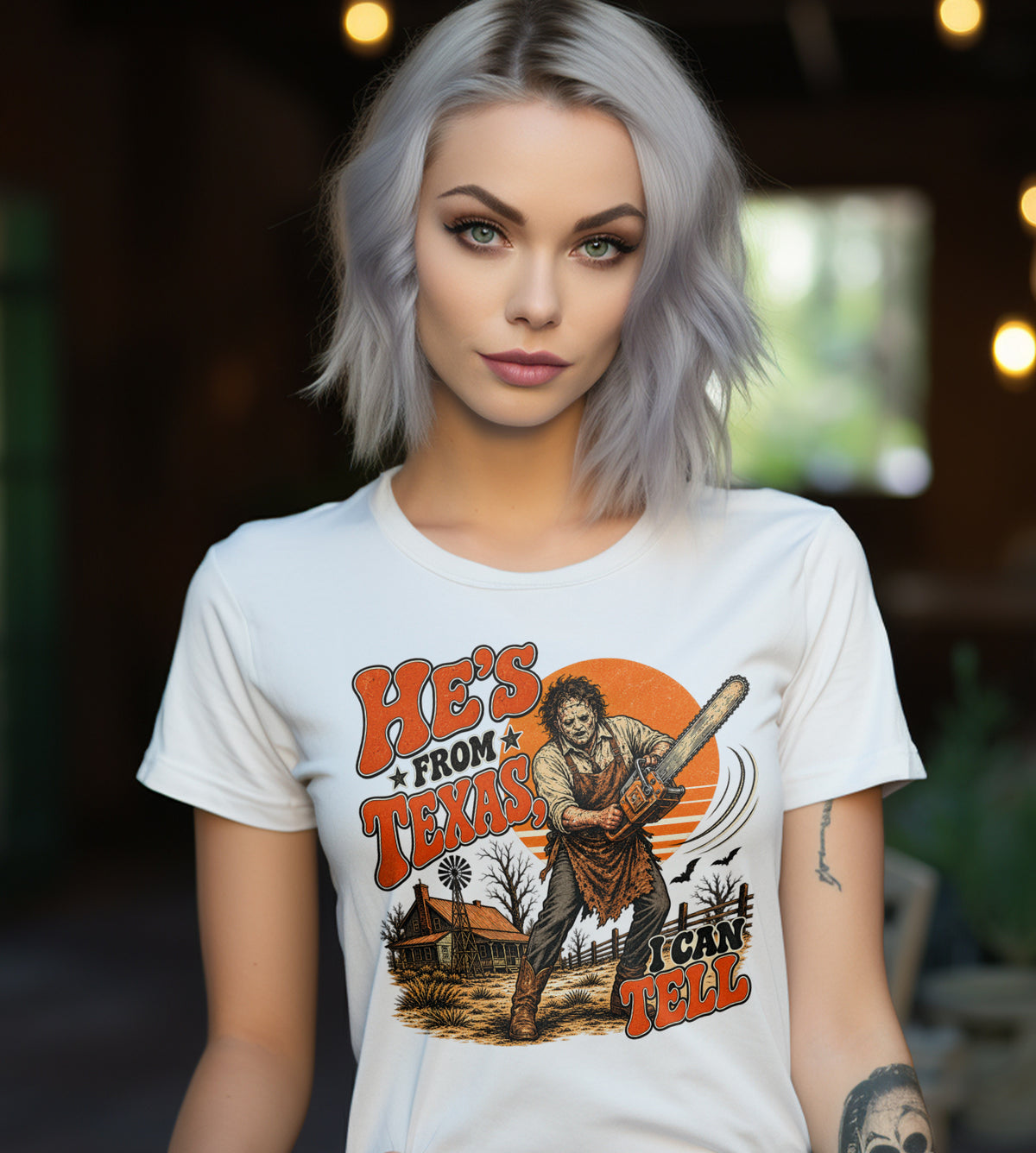 He's from Texas I can Tell Chainsaw Massacre Funny Halloween Graphic Tee