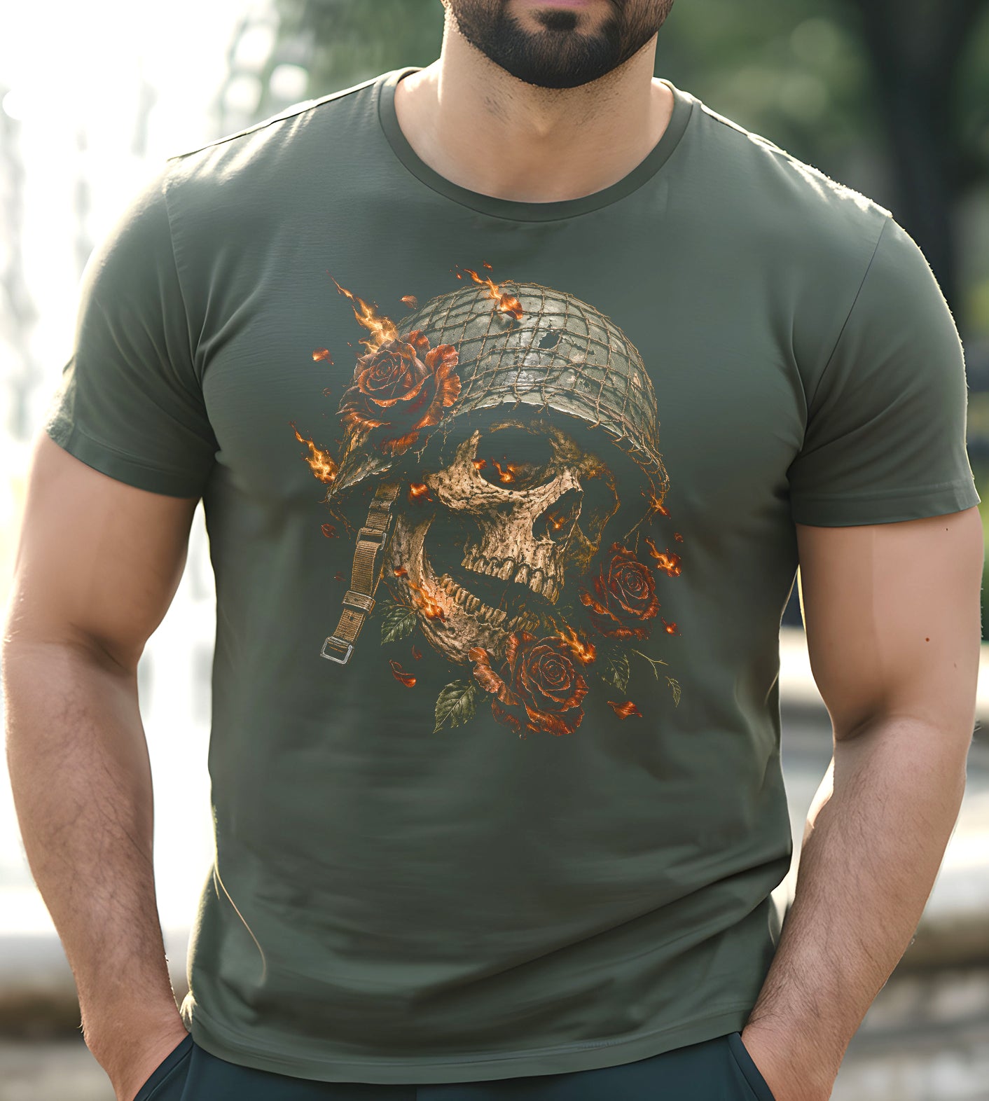 Military Skull and Roses Graphic Tee