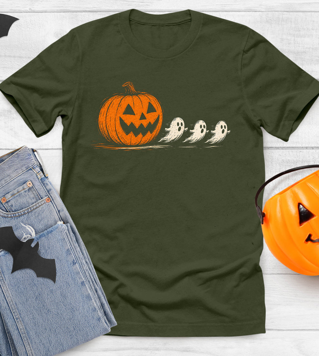 Pumpkin Pacman Eating Ghosts Halloween Graphic Tee