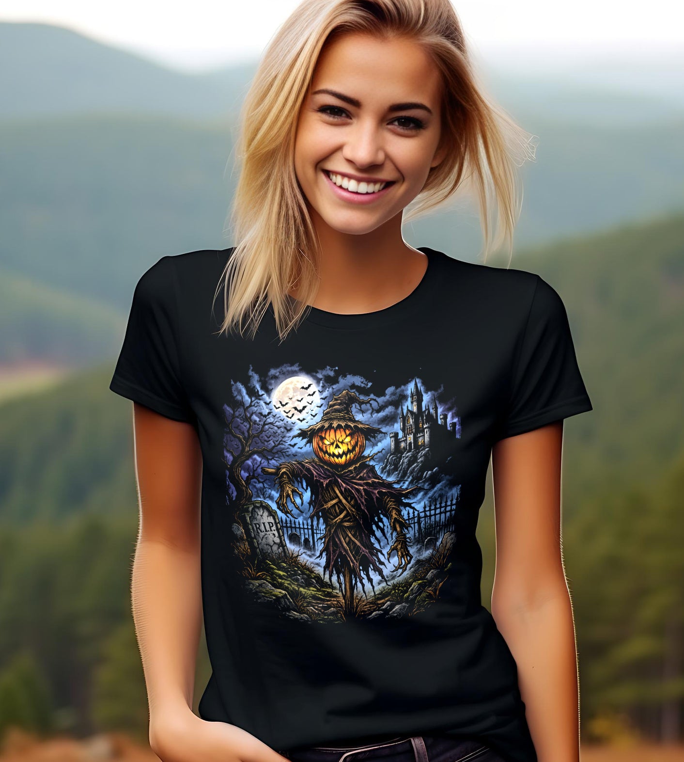 Pumpkin Scarecrow Cemetery Halloween Graphic Tee