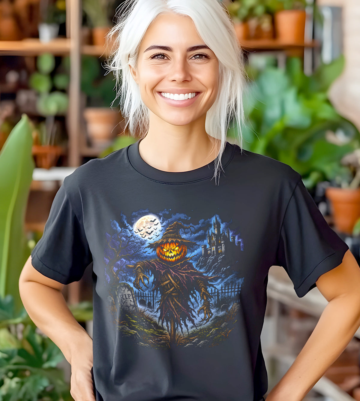 Pumpkin Scarecrow Cemetery Halloween Graphic Tee