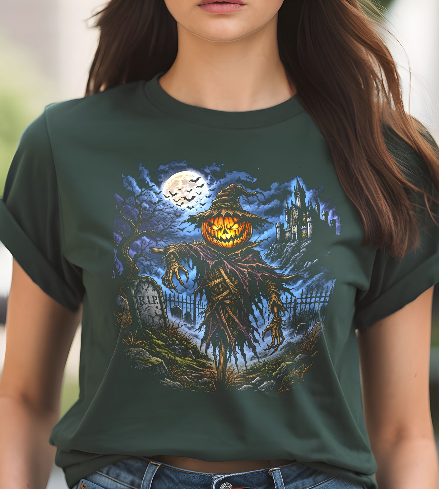 Pumpkin Scarecrow Cemetery Halloween Graphic Tee
