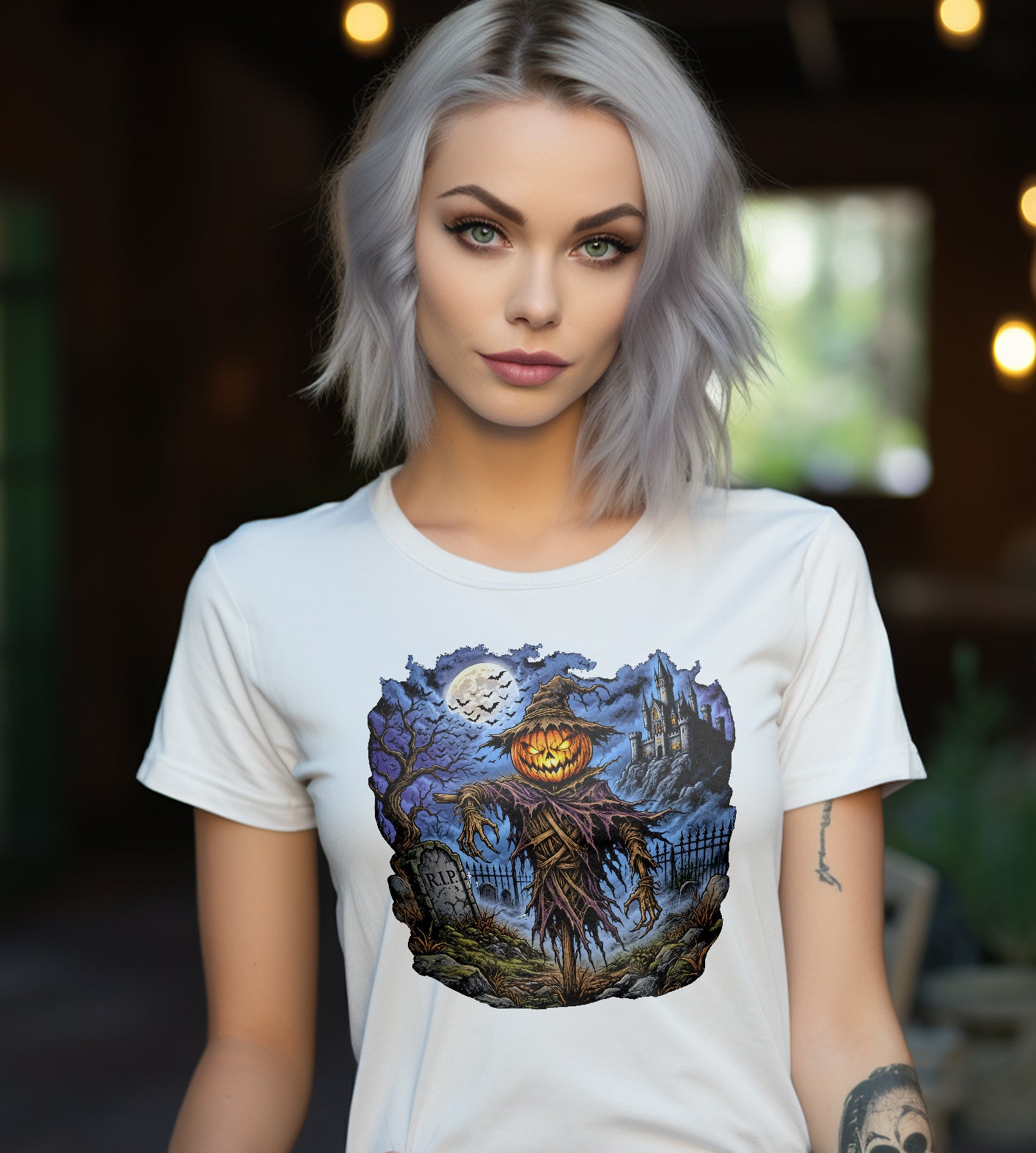 Pumpkin Scarecrow Cemetery Halloween Graphic Tee