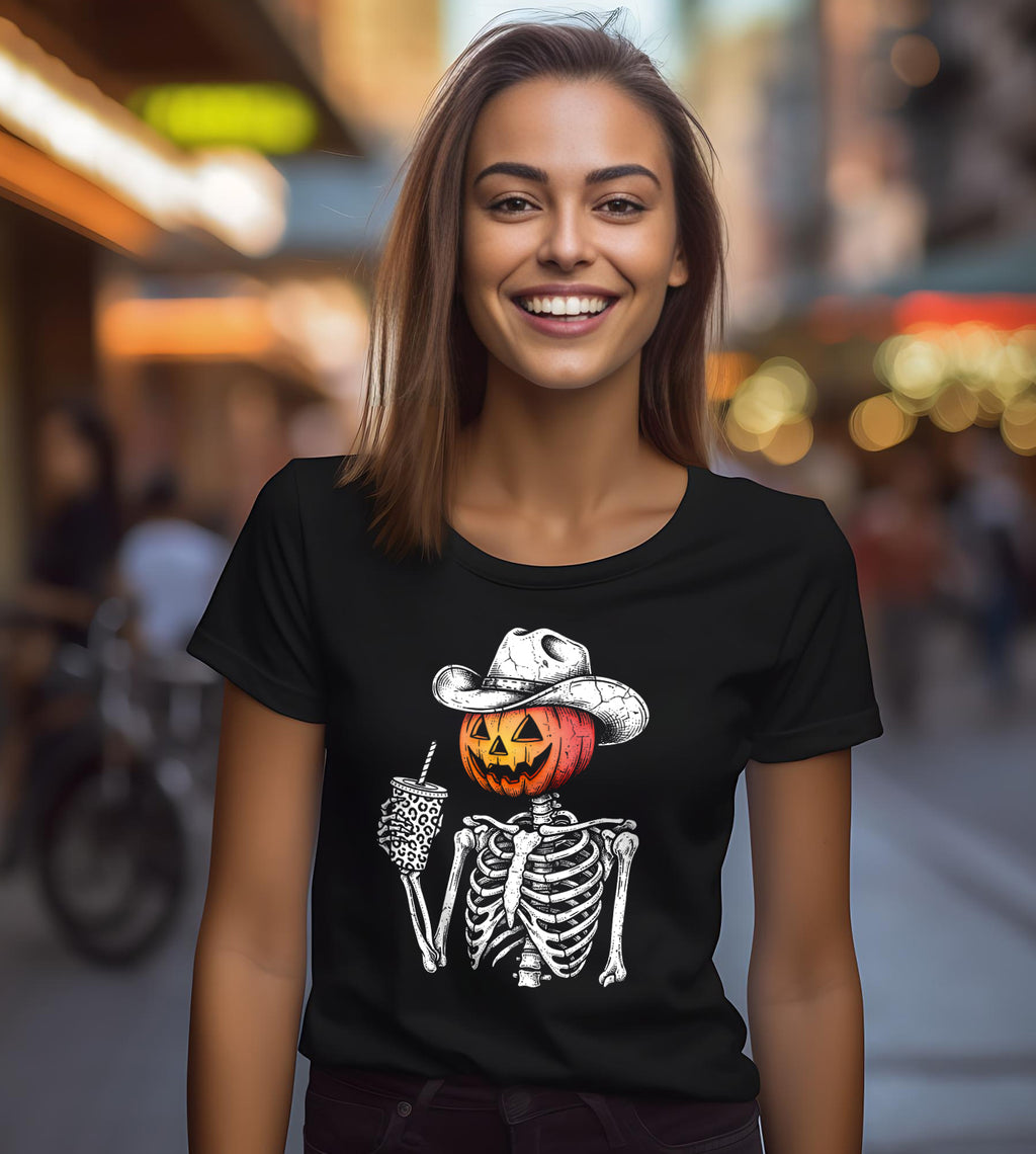 Pumpkin Skeleton Cowboy Halloween Graphic Tee