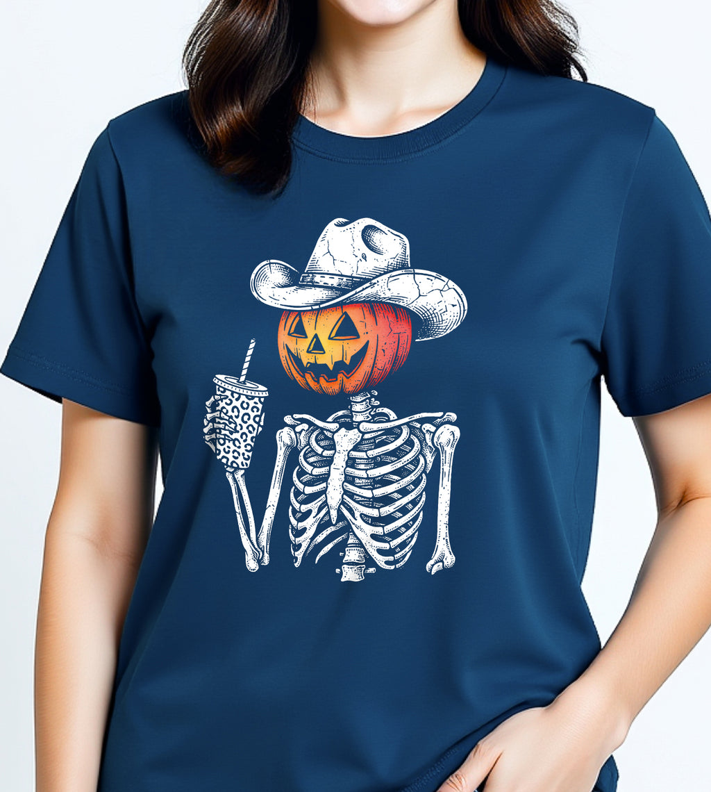 Pumpkin Skeleton Cowboy Halloween Graphic Tee