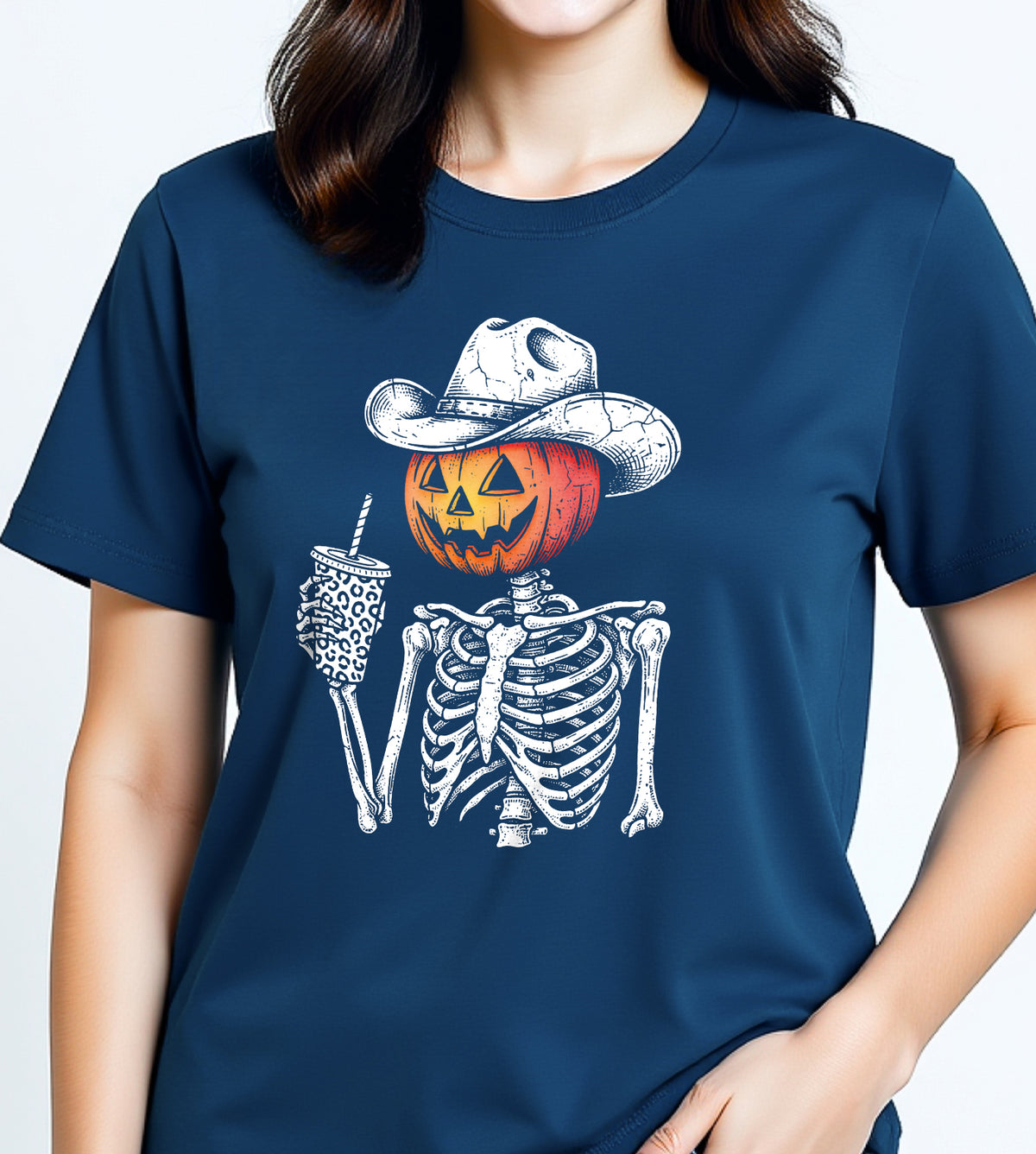 Pumpkin Skeleton Cowboy Halloween Graphic Tee
