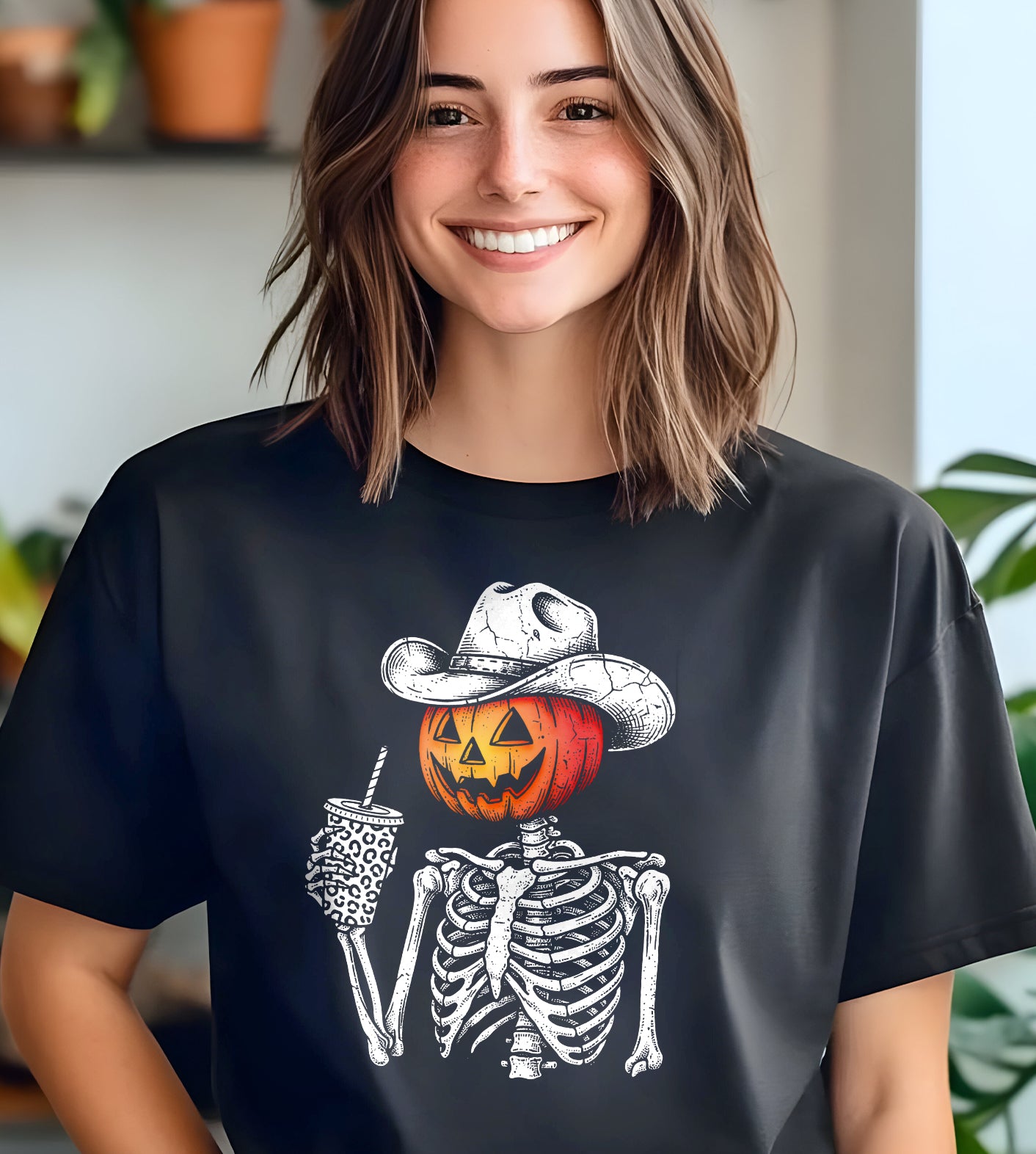 Pumpkin Skeleton Cowboy Halloween Graphic Tee