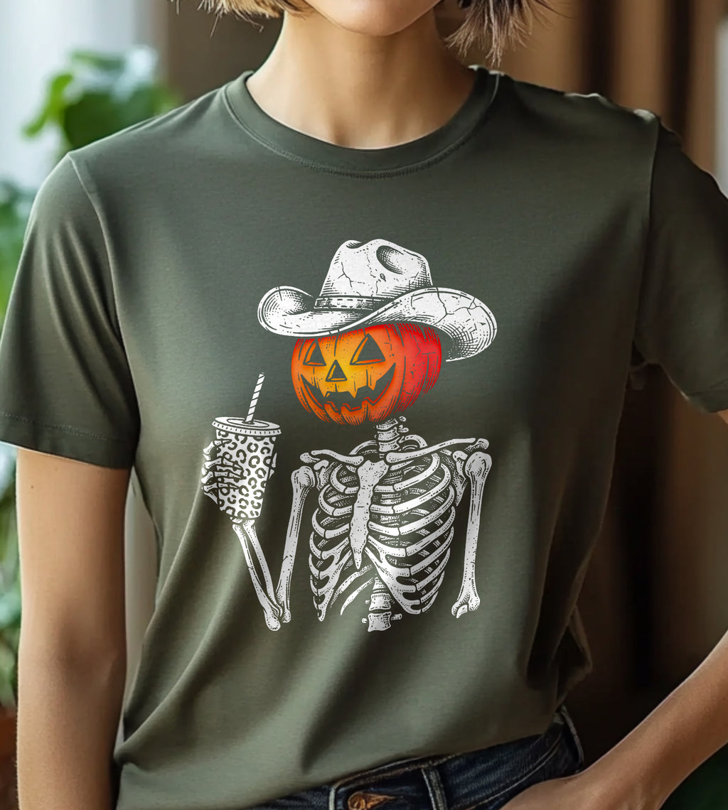 Pumpkin Skeleton Cowboy Halloween Graphic Tee