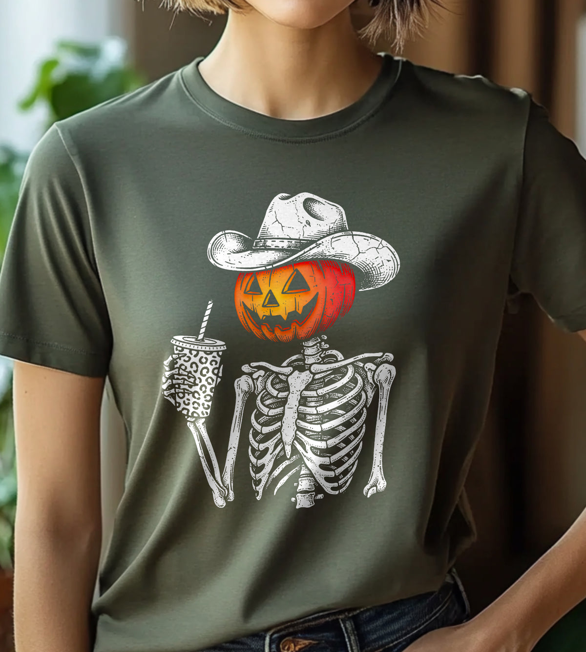 Pumpkin Skeleton Cowboy Halloween Graphic Tee
