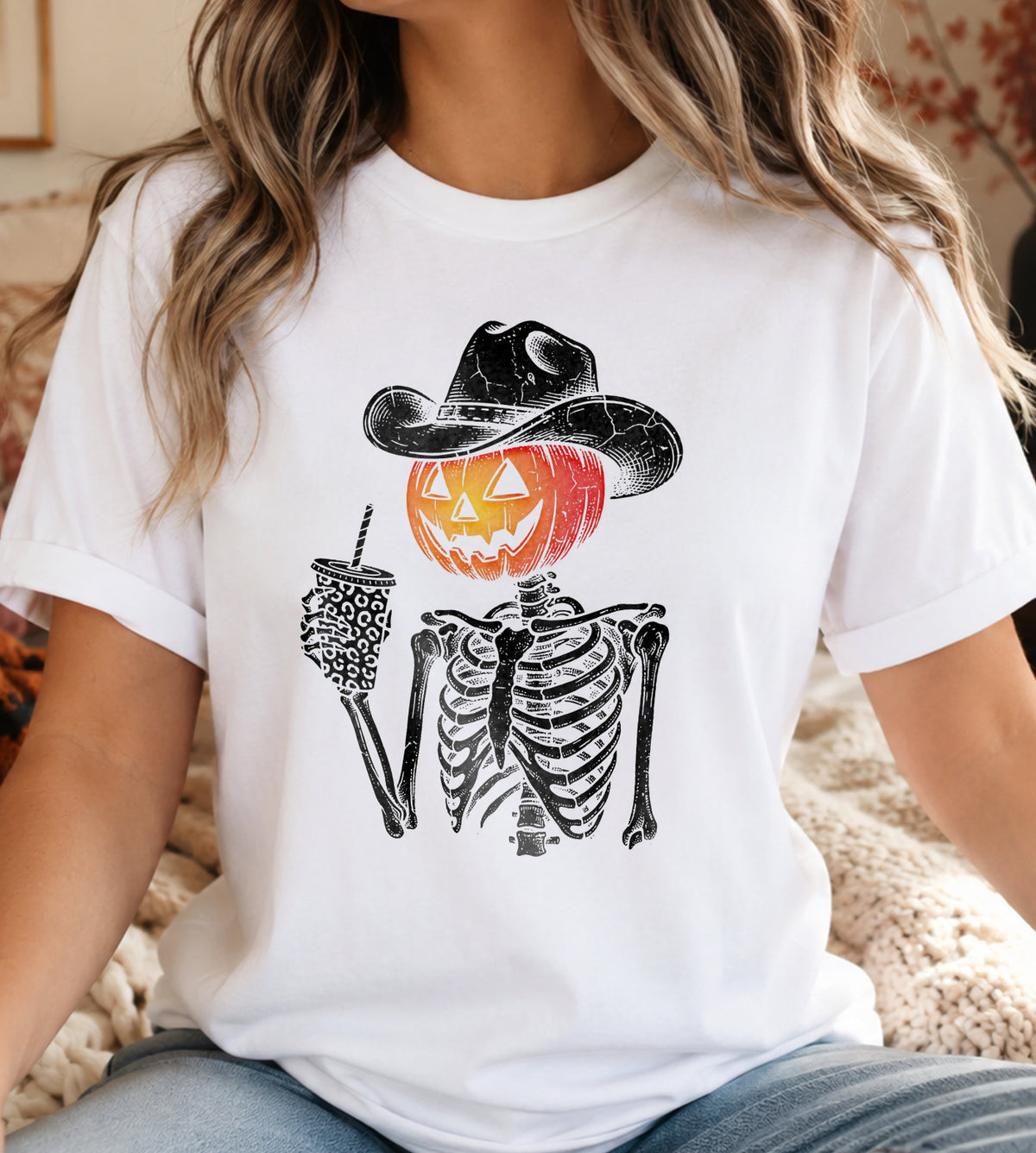 Pumpkin Skeleton Cowboy Halloween Graphic Tee