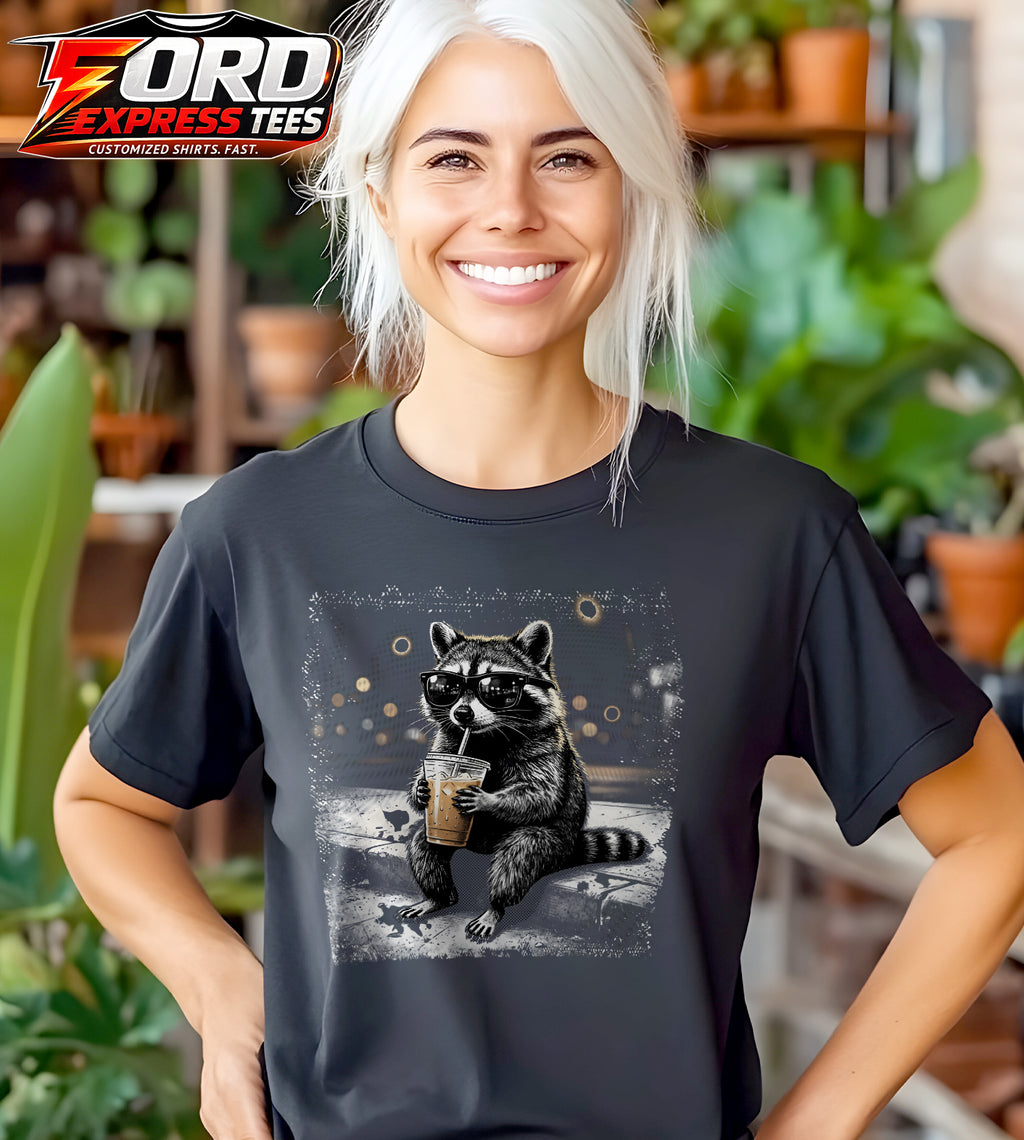 Raccoon Drinking Coffee Graphic Tee