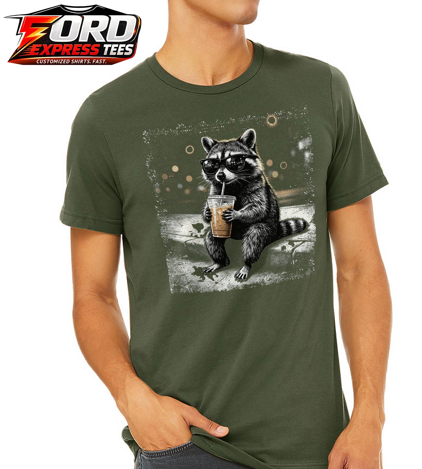 Raccoon Drinking Coffee Graphic Tee