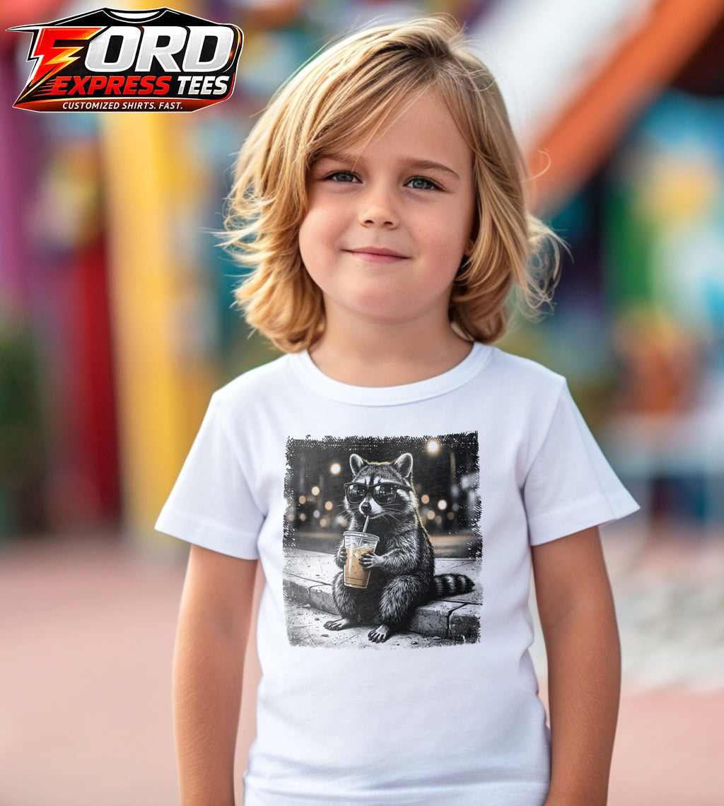 Raccoon Drinking Coffee Graphic Tee