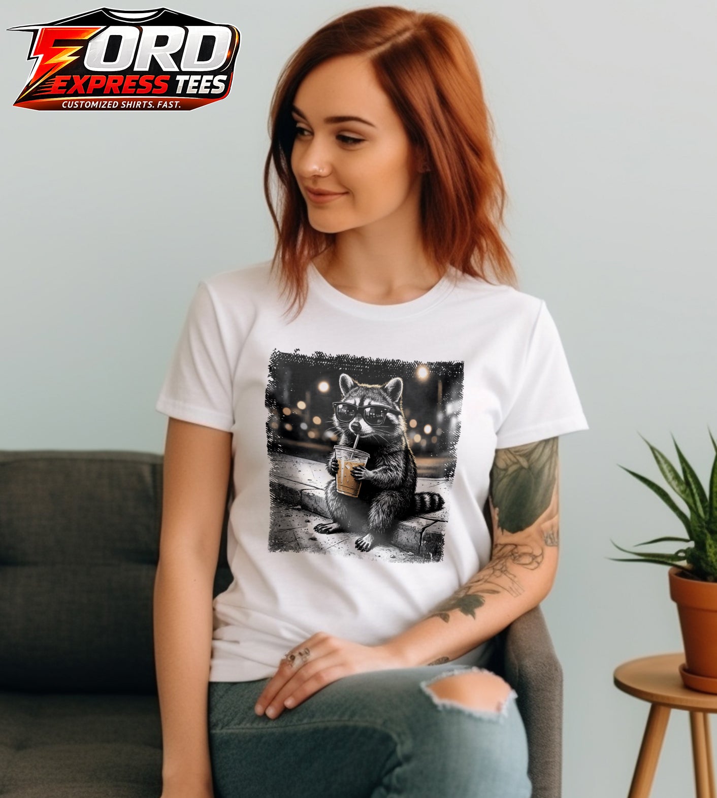 Raccoon Drinking Coffee Graphic Tee