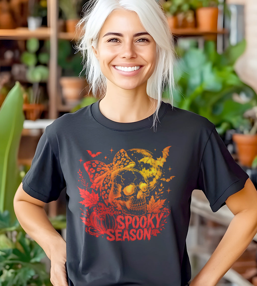 Spooky Season Skull and Bow Halloween Graphic Tee