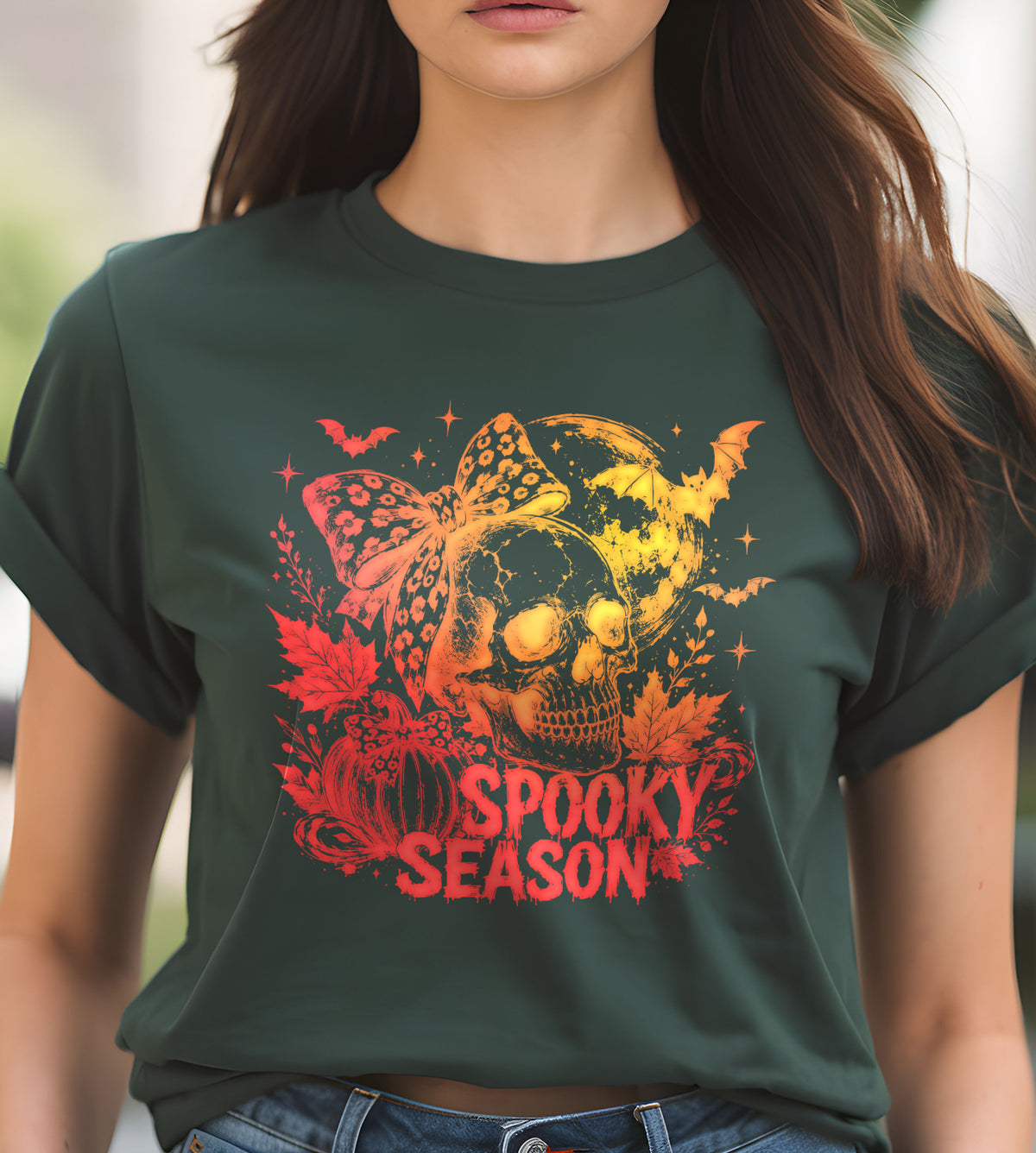 Spooky Season Skull and Bow Halloween Graphic Tee