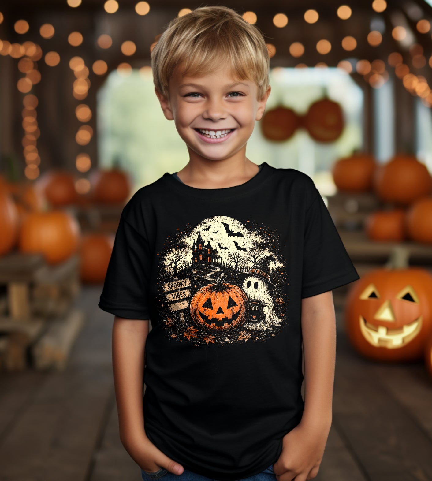Spooky Vibes Pumpkin and Ghost Halloween Graphic Tee