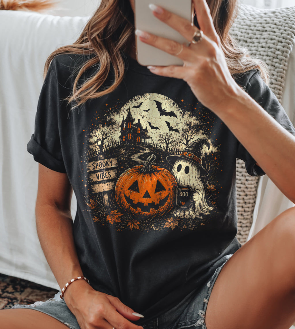 Spooky Vibes Pumpkin and Ghost Halloween Graphic Tee