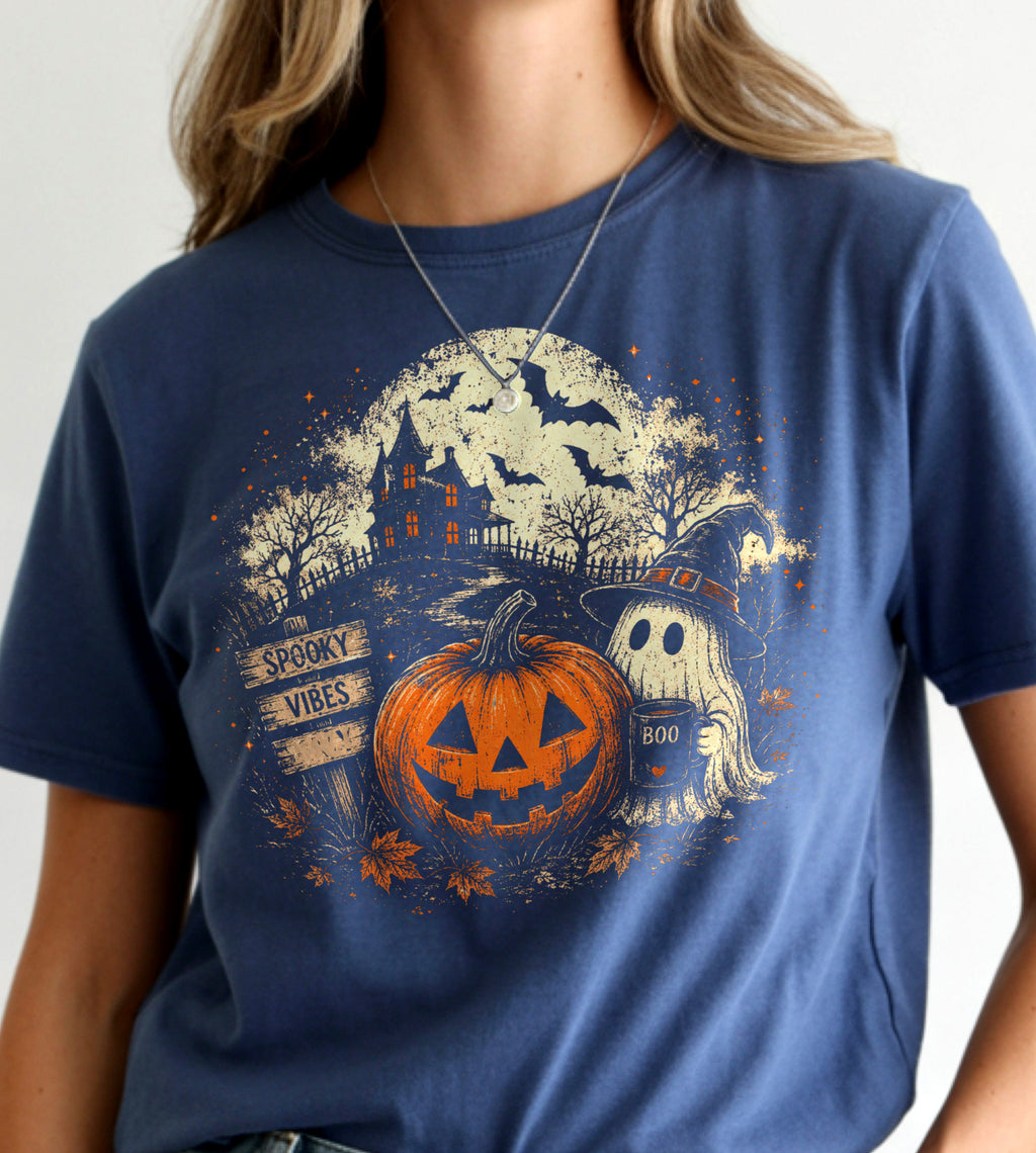 Spooky Vibes Pumpkin and Ghost Halloween Graphic Tee