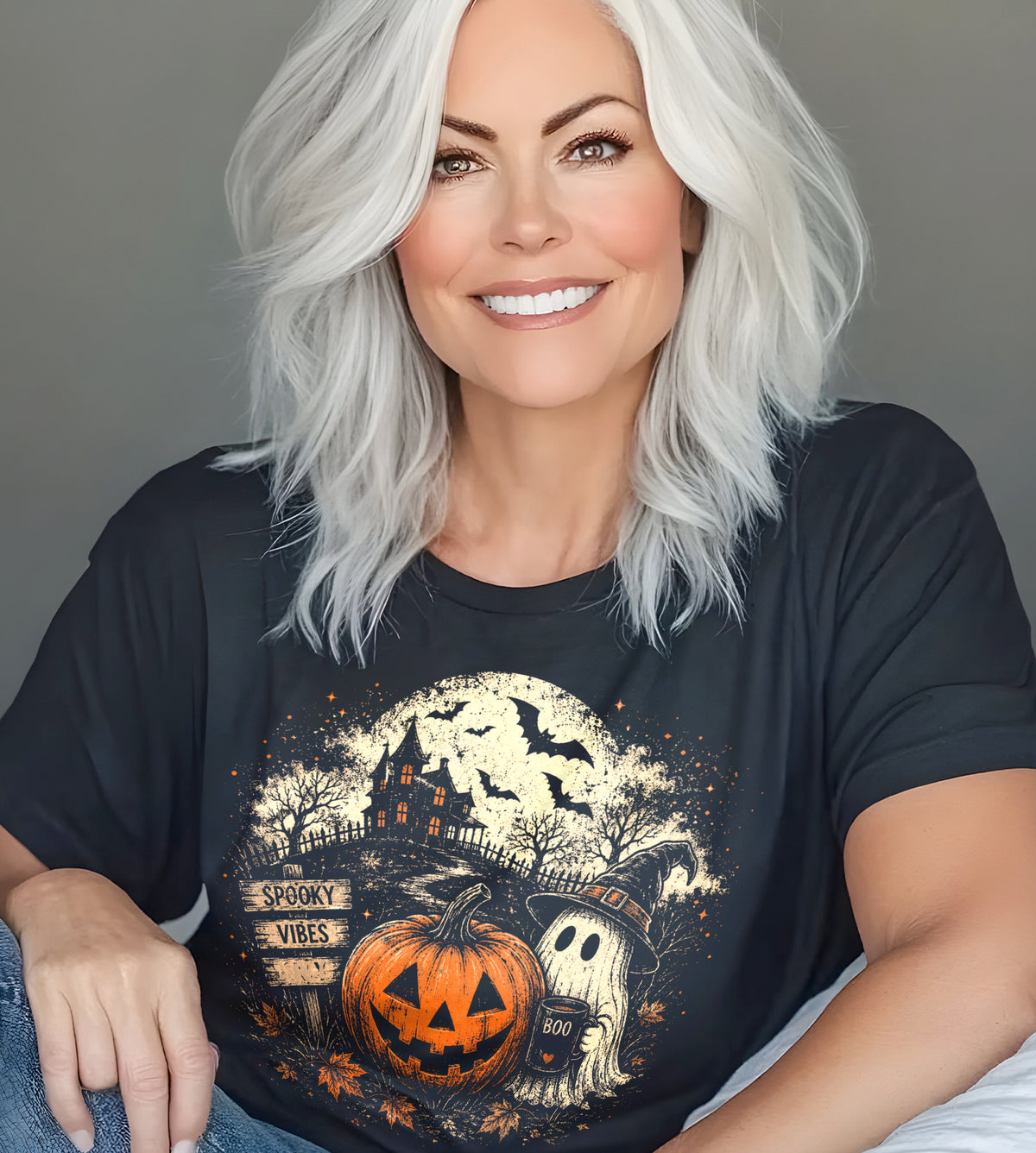 Spooky Vibes Pumpkin and Ghost Halloween Graphic Tee