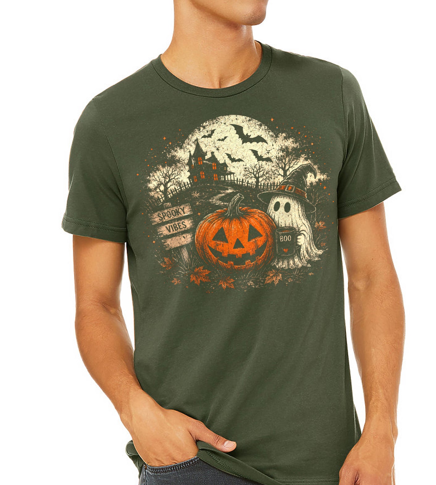 Spooky Vibes Pumpkin and Ghost Halloween Graphic Tee