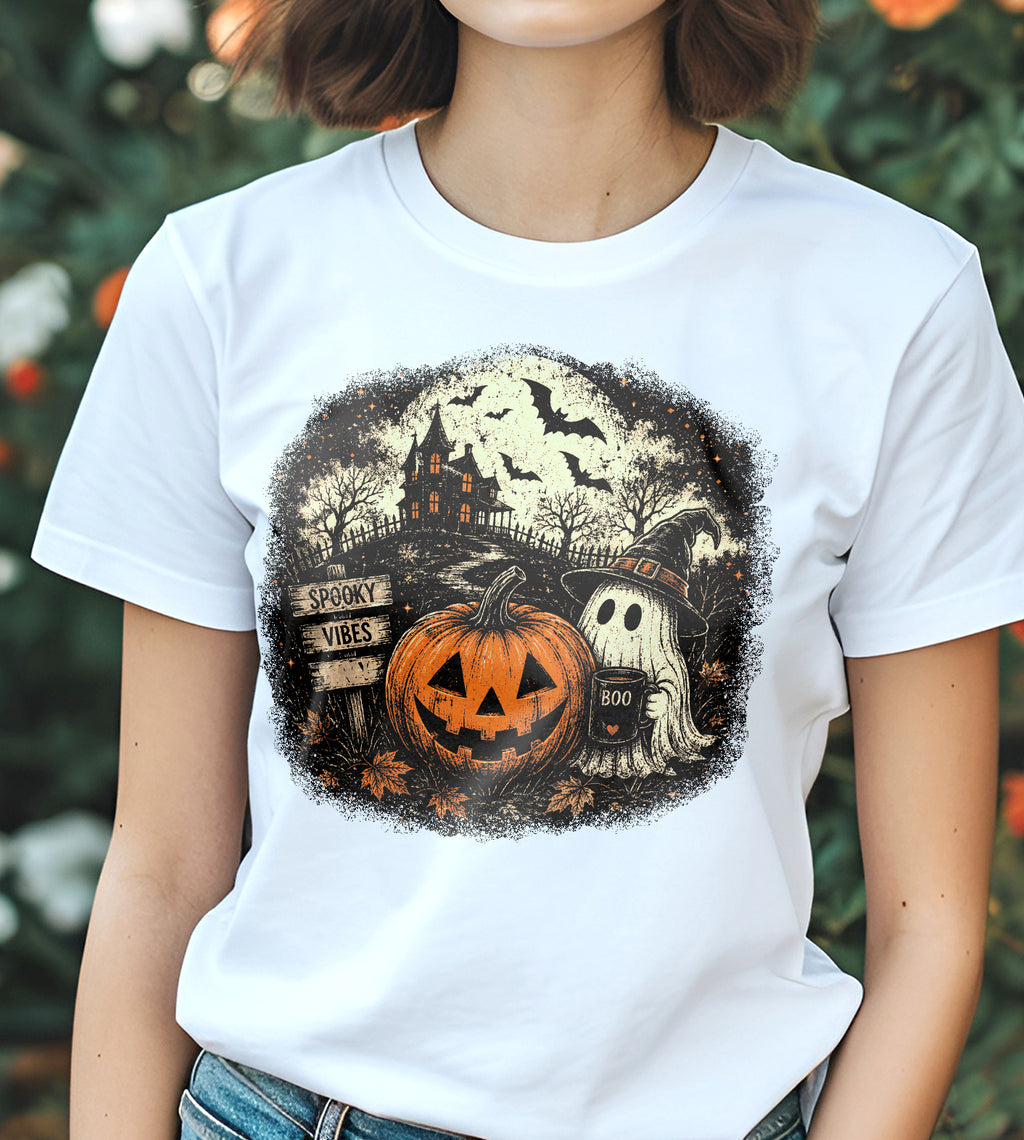 Spooky Vibes Pumpkin and Ghost Halloween Graphic Tee