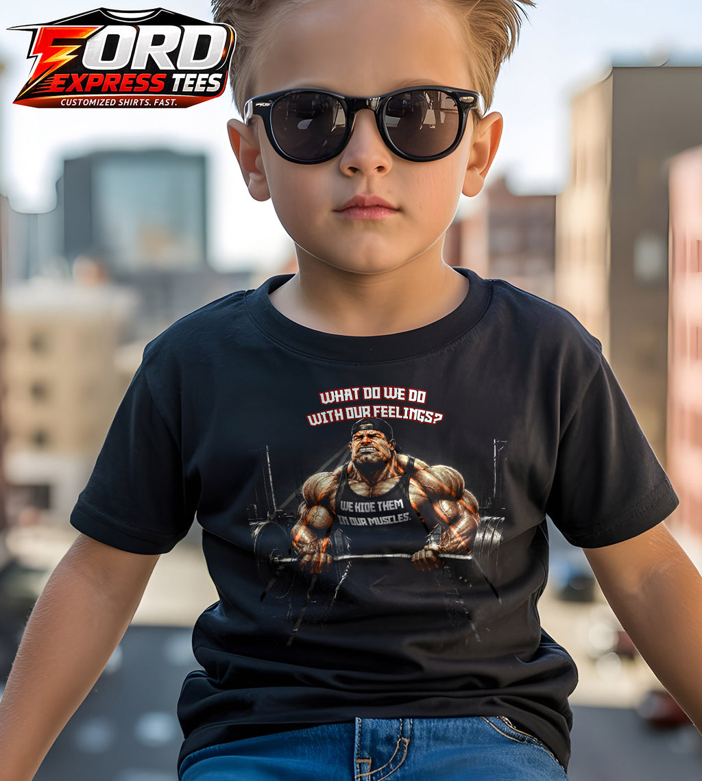 Funny What do we do with our Feelings? Build Muscle Graphic Tee