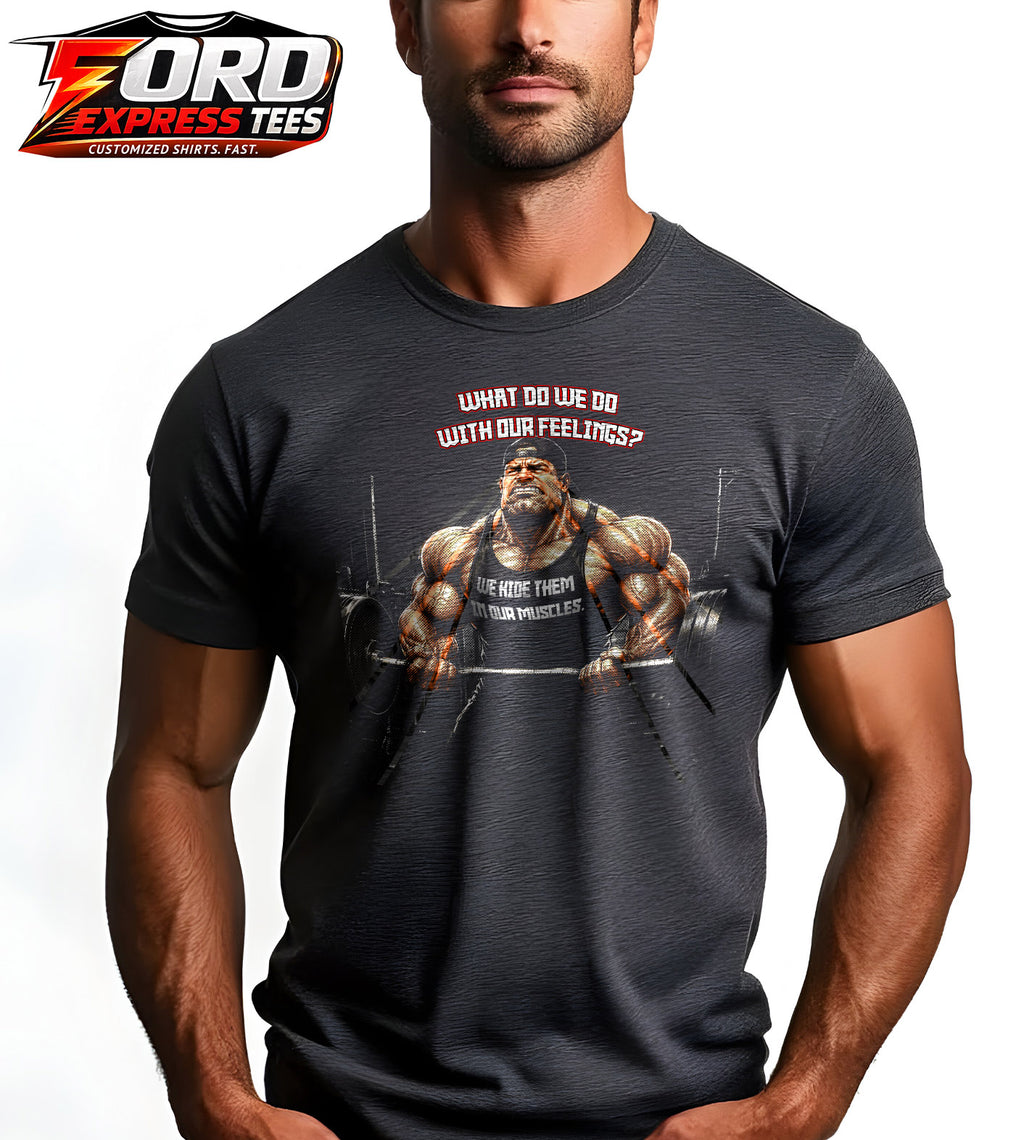 Funny What do we do with our Feelings? Build Muscle Graphic Tee